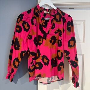 Bright Pink Leopard-Print Long-Sleeve Blouse